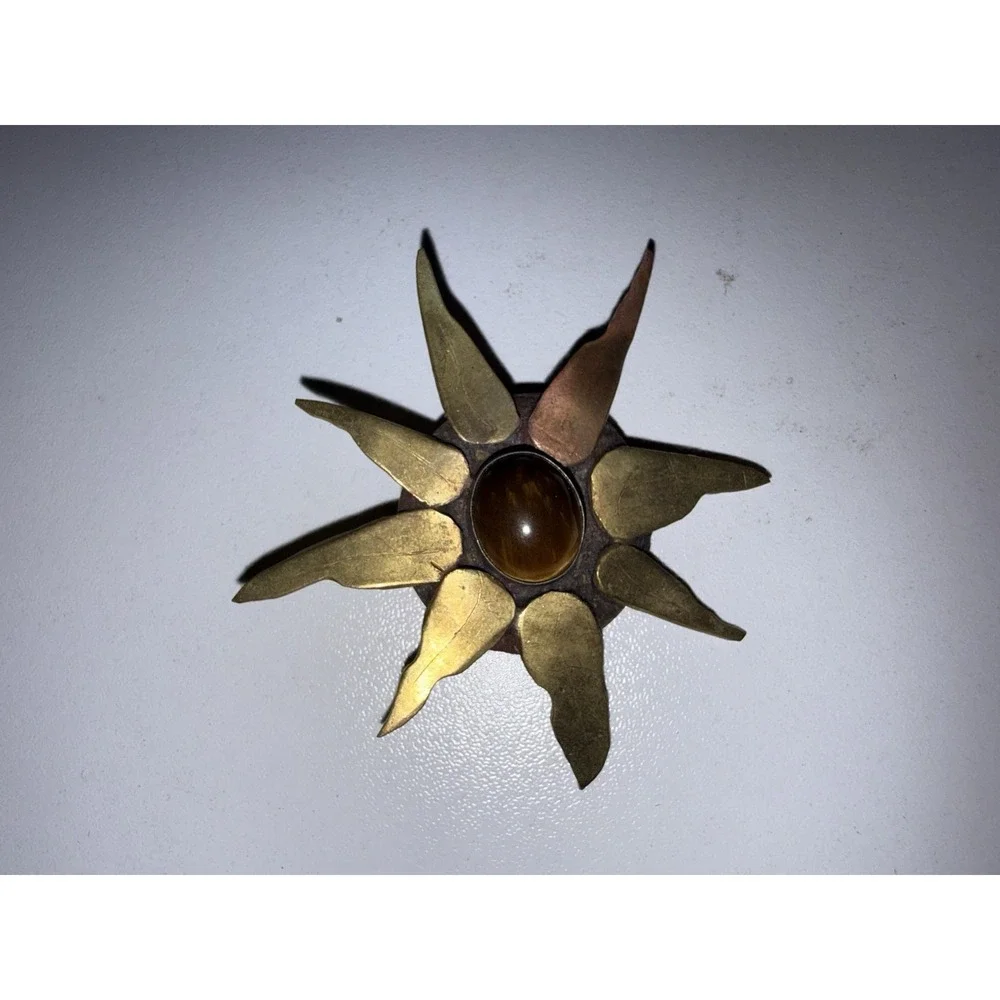 Vintage‎ Celestial Pendant Necklace Copper Brass Happy Sun Tigers Eye Rustic
